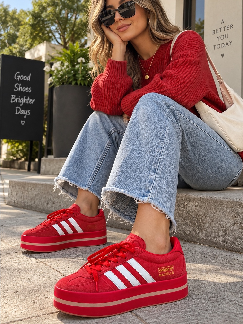 adidas Gazelle Women's Red Platform Sneaker with White Stripes and Gold Trim